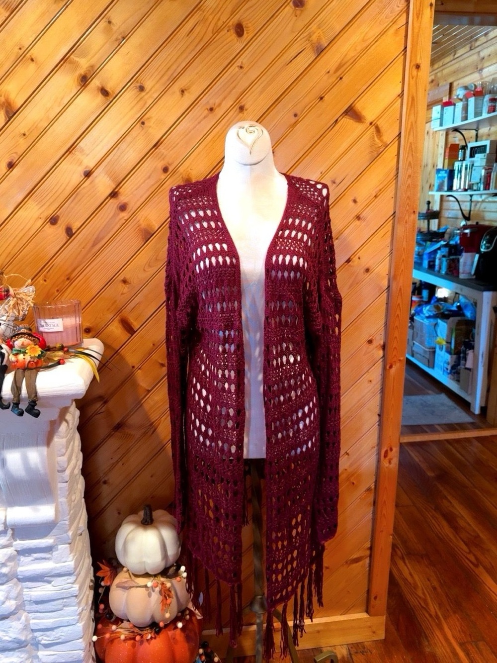 No Boundaries Burgundy Crochet Duster Cardigan XL 1X Fringe Boho Open Front
